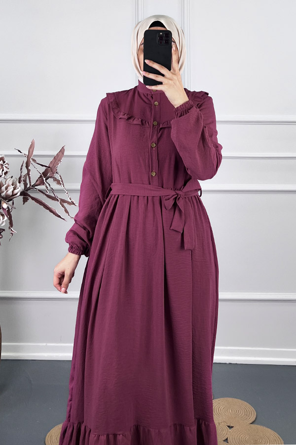 Fırfır Detaylı Kuşaklı Elbise - Pembe