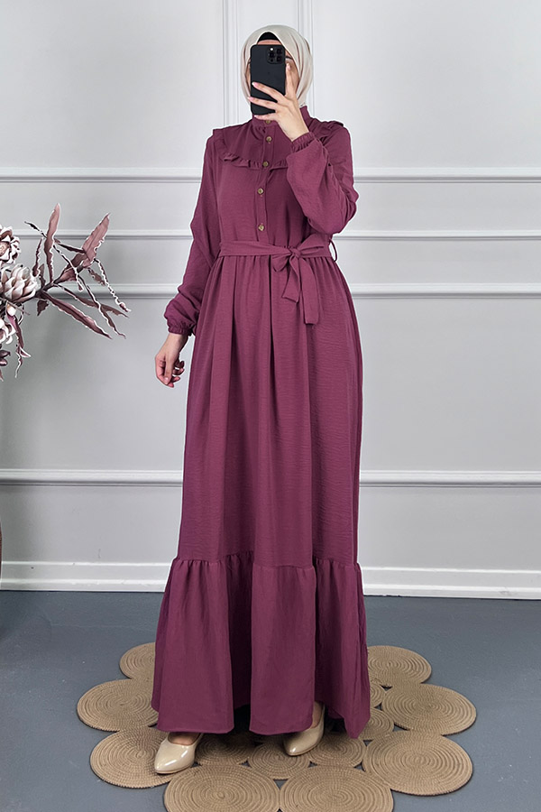 Fırfır Detaylı Kuşaklı Elbise - Pembe