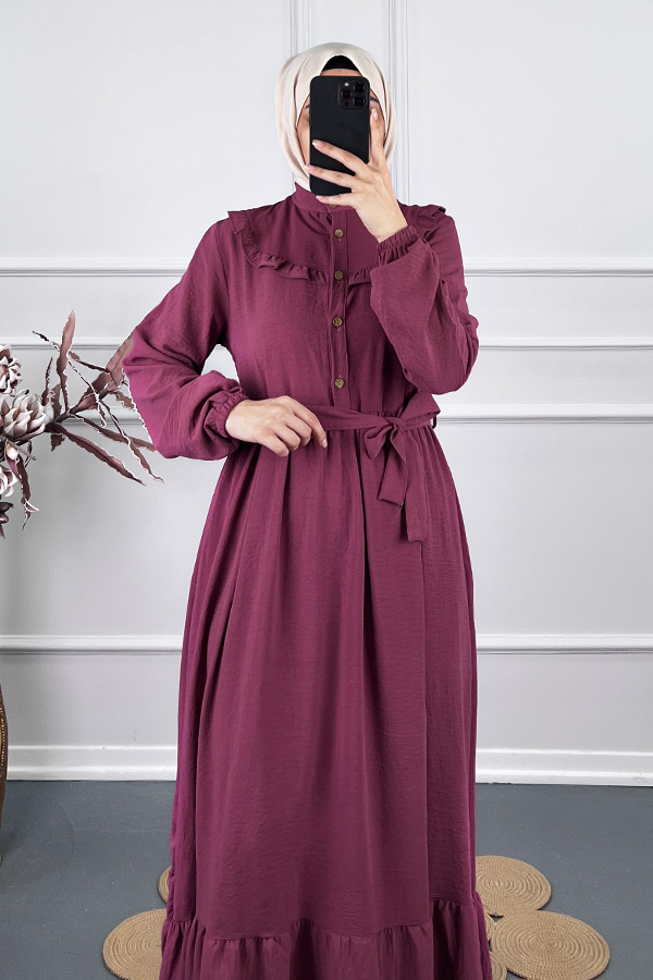 Fırfır Detaylı Kuşaklı Elbise - Pembe