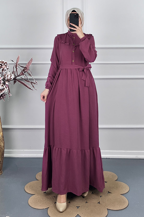 Fırfır Detaylı Kuşaklı Elbise - Pembe