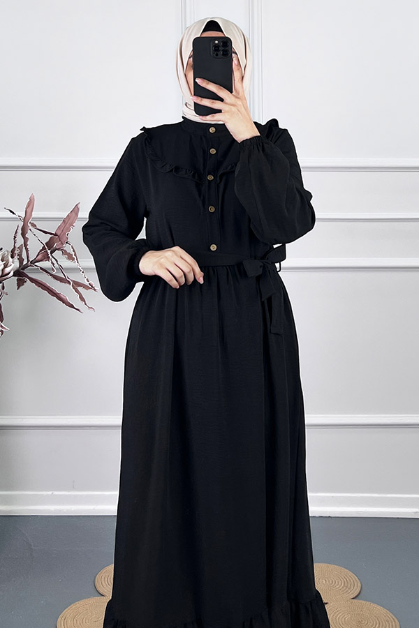 Fırfır Detaylı Kuşaklı Elbise - Siyah