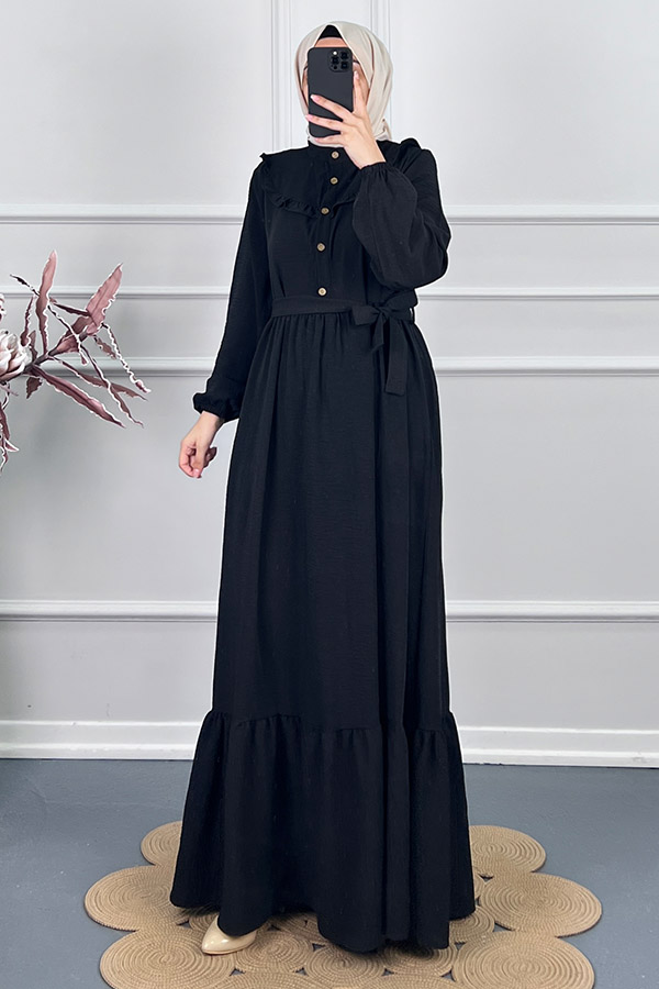 Fırfır Detaylı Kuşaklı Elbise - Siyah