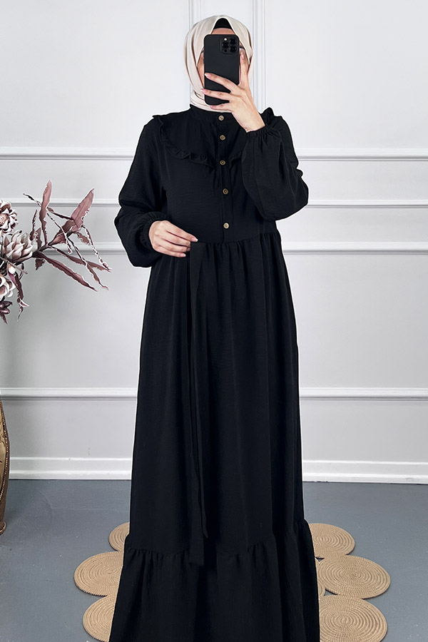 Fırfır Detaylı Kuşaklı Elbise - Siyah