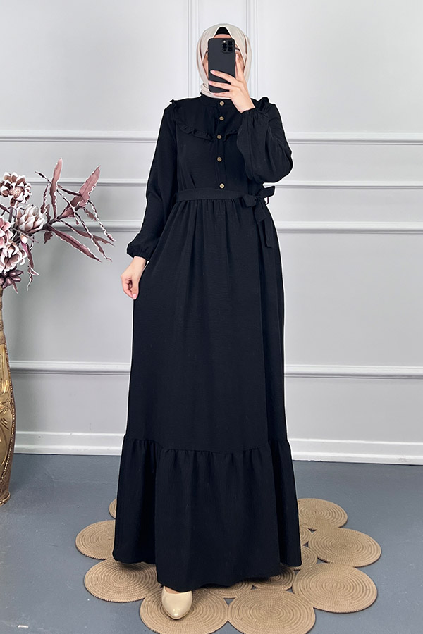 Fırfır Detaylı Kuşaklı Elbise - Siyah