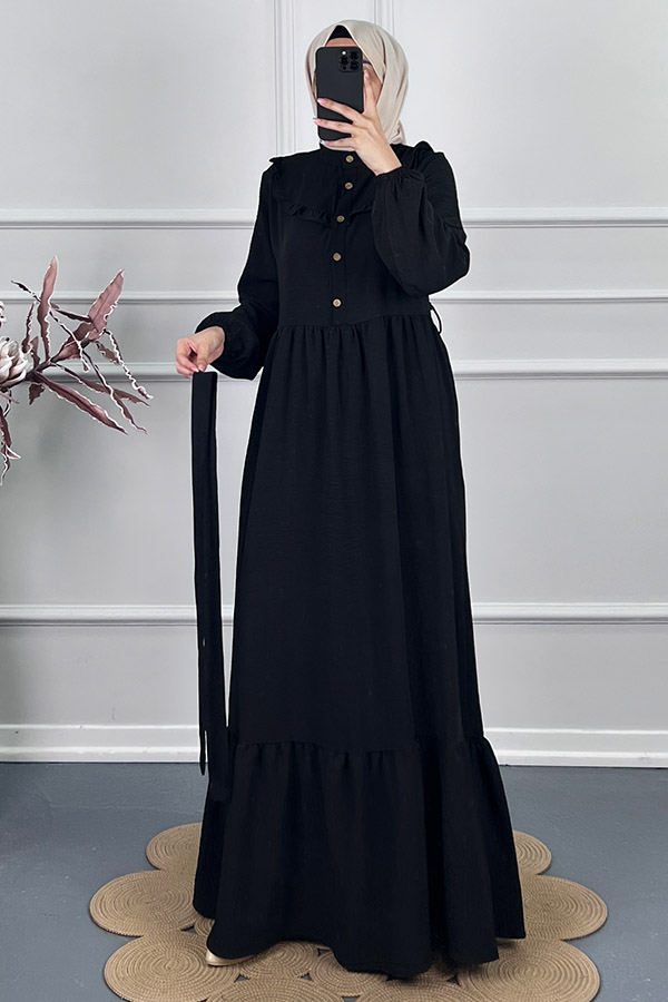 Fırfır Detaylı Kuşaklı Elbise - Siyah