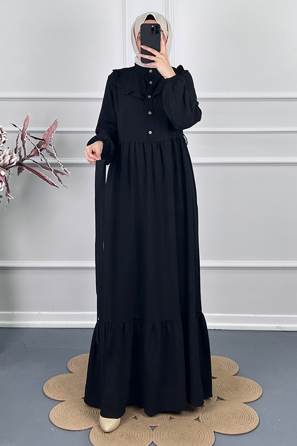 Fırfır Detaylı Kuşaklı Elbise - Siyah