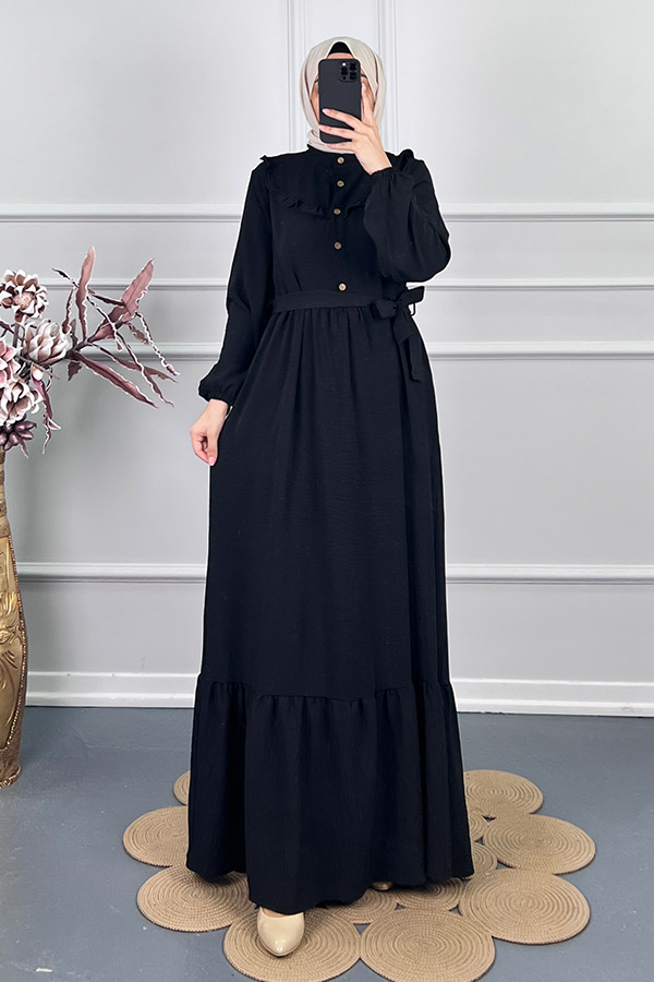 Fırfır Detaylı Kuşaklı Elbise - Siyah