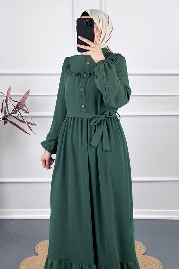 Fırfır Detaylı Kuşaklı Elbise - Yeşil