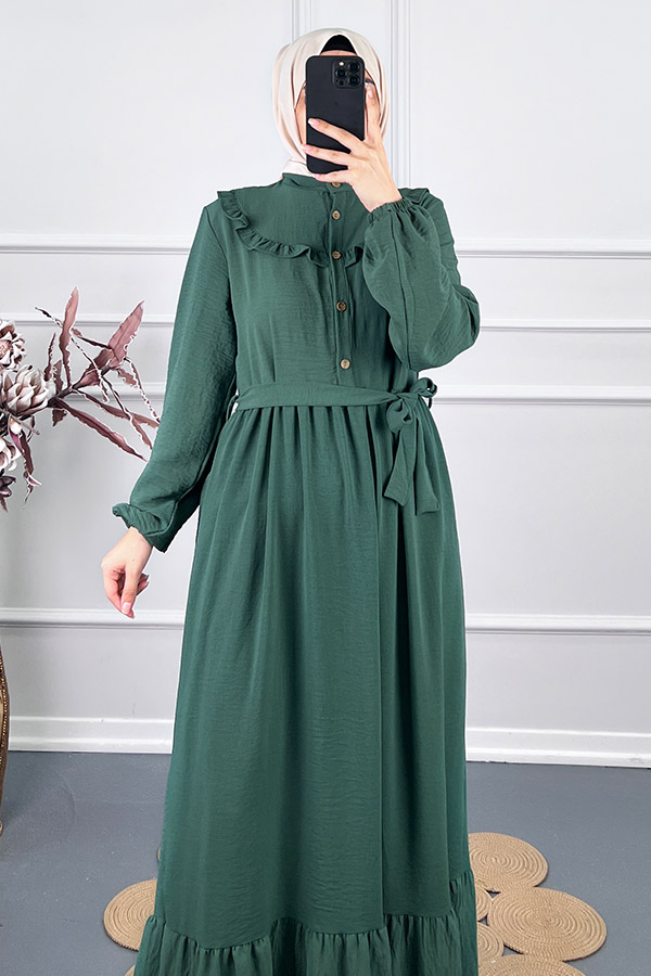 Fırfır Detaylı Kuşaklı Elbise - Yeşil