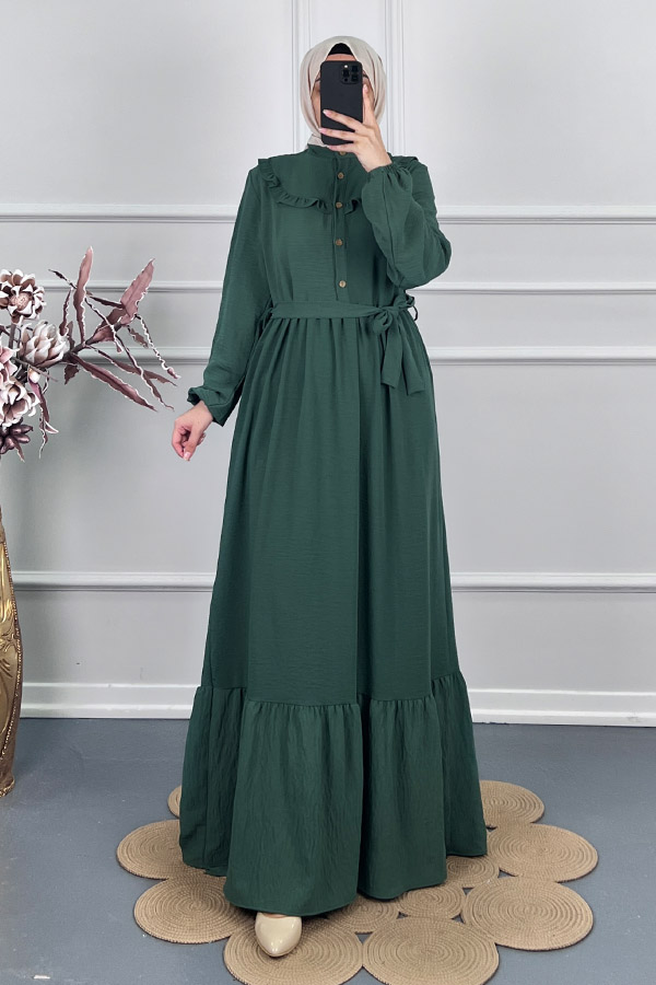 Fırfır Detaylı Kuşaklı Elbise - Yeşil
