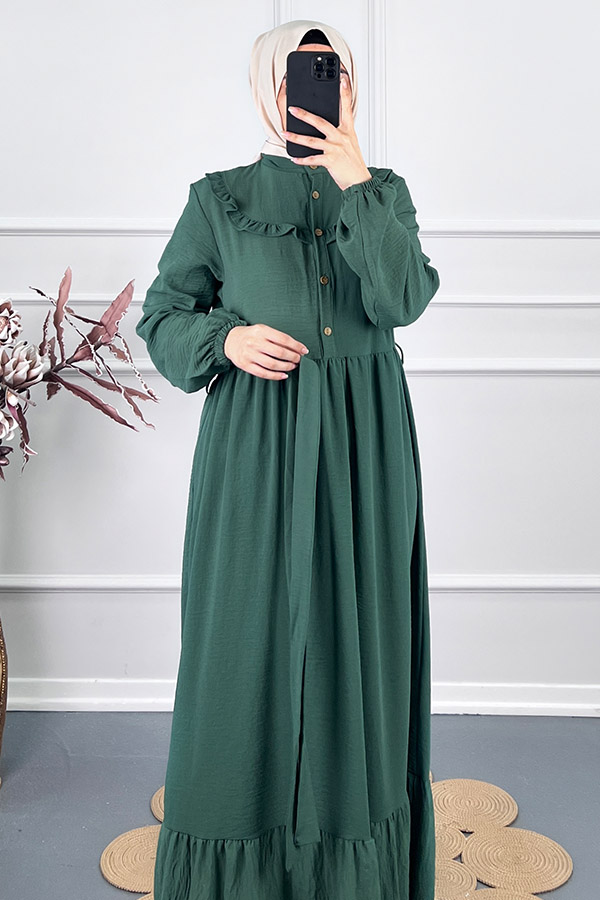 Fırfır Detaylı Kuşaklı Elbise - Yeşil