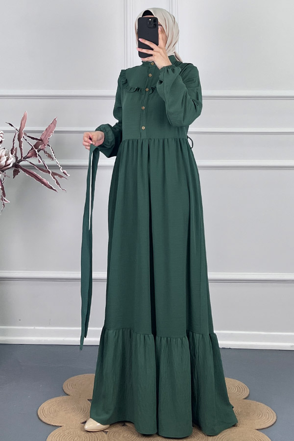 Fırfır Detaylı Kuşaklı Elbise - Yeşil