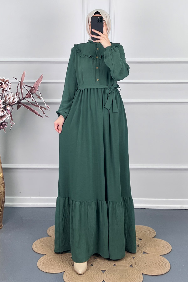 Fırfır Detaylı Kuşaklı Elbise - Yeşil