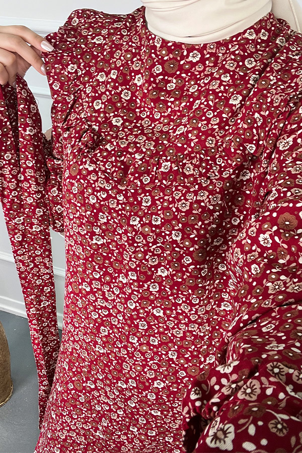 Fırfırlı Çiçekli Elbise - Kırmızı