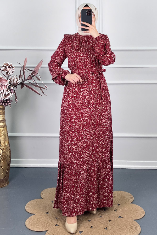 Fırfırlı Çiçekli Elbise - Kırmızı