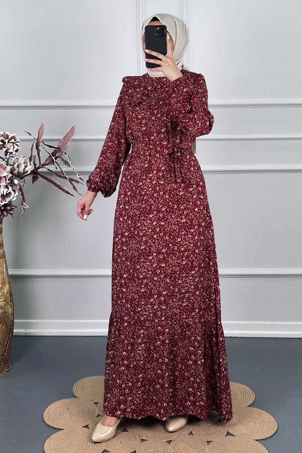 Fırfırlı Çiçekli Elbise - Kırmızı