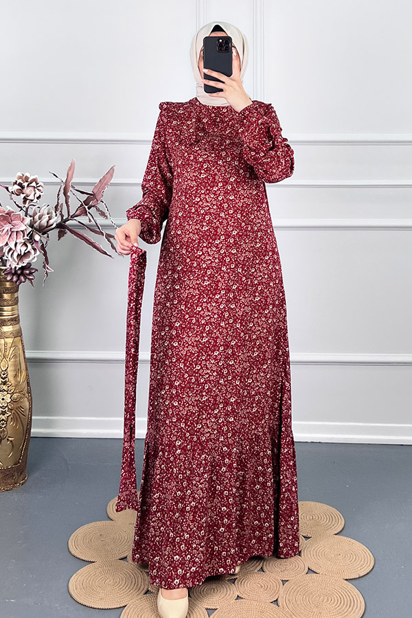 Fırfırlı Çiçekli Elbise - Kırmızı