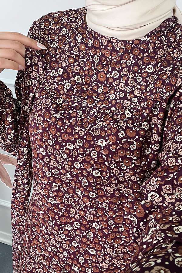 Fırfırlı Çiçekli Elbise - Mor