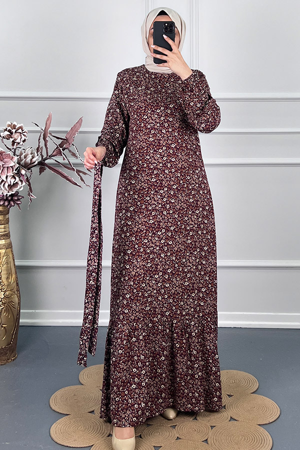 Fırfırlı Çiçekli Elbise - Mor