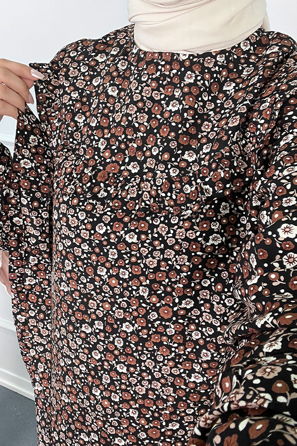 Fırfırlı Çiçekli Elbise - Siyah