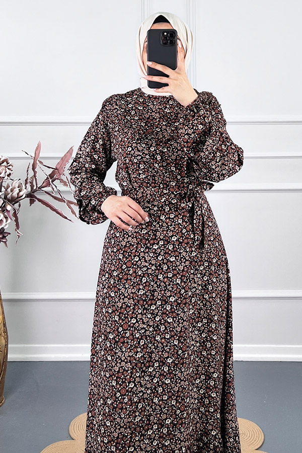 Fırfırlı Çiçekli Elbise - Siyah