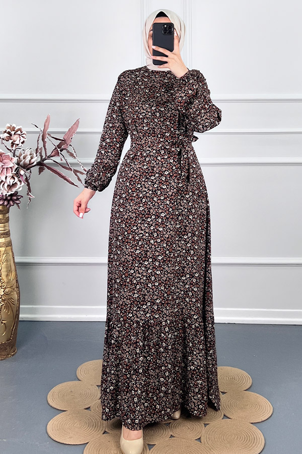 Fırfırlı Çiçekli Elbise - Siyah