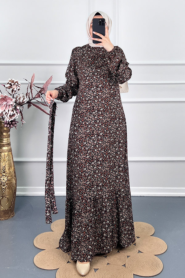 Fırfırlı Çiçekli Elbise - Siyah
