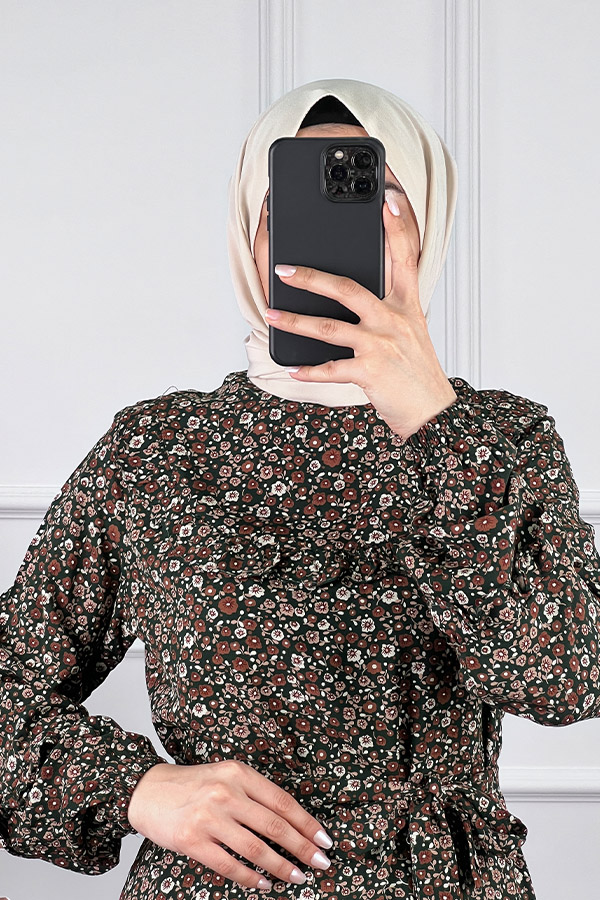 Fırfırlı Çiçekli Elbise - Yeşil