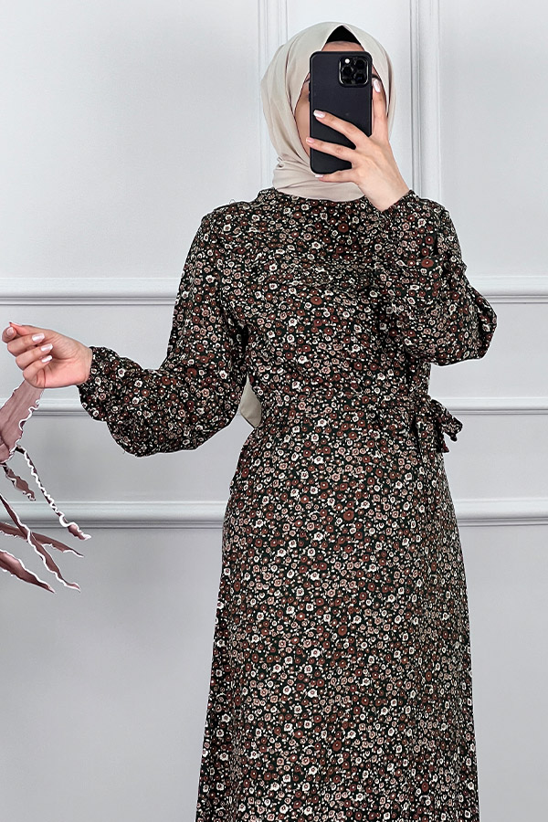 Fırfırlı Çiçekli Elbise - Yeşil