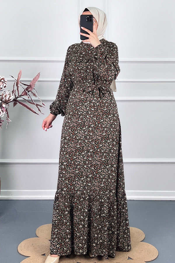 Fırfırlı Çiçekli Elbise - Yeşil