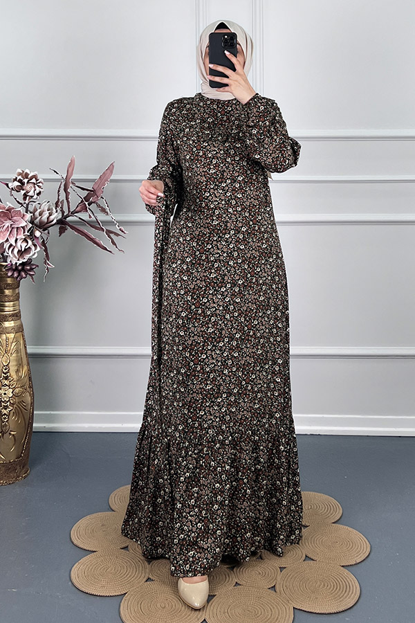 Fırfırlı Çiçekli Elbise - Yeşil