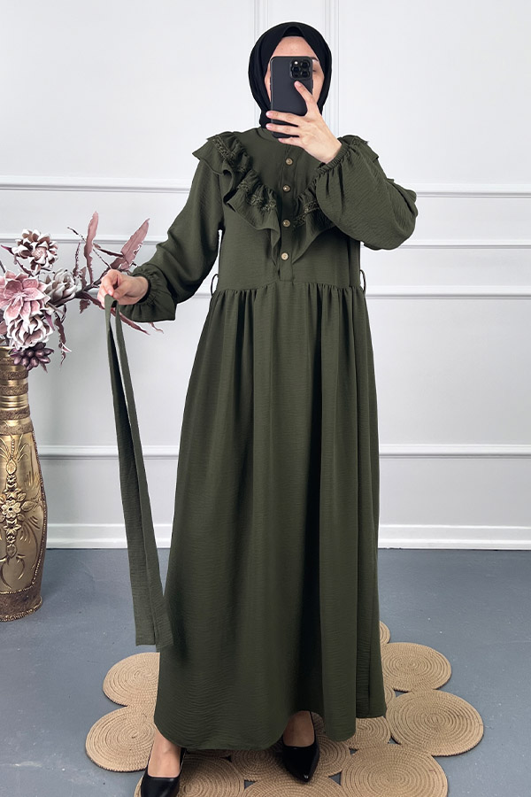 Fırfırlı Dantelli Elbise - Haki