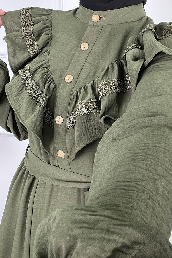 Fırfırlı Dantelli Elbise - Haki