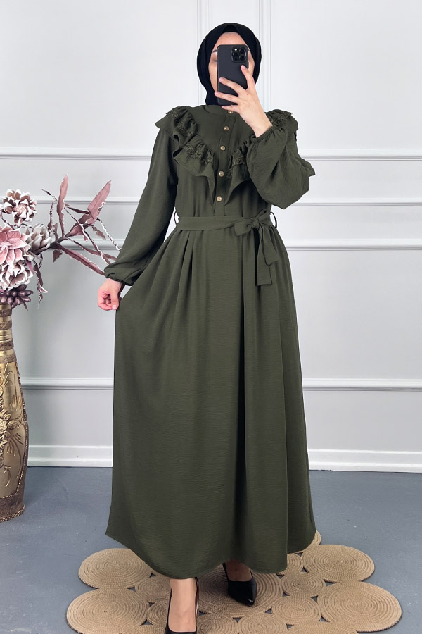 Fırfırlı Dantelli Elbise - Haki