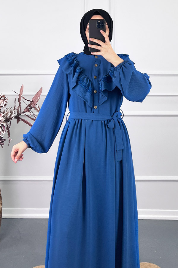 Fırfırlı Dantelli Elbise - Mavi