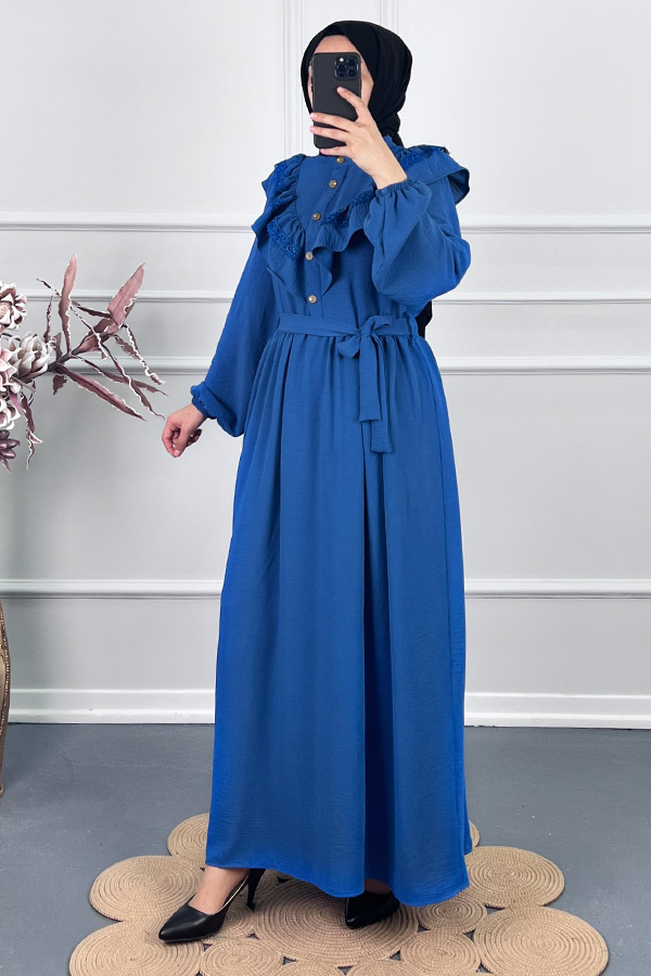 Fırfırlı Dantelli Elbise - Mavi