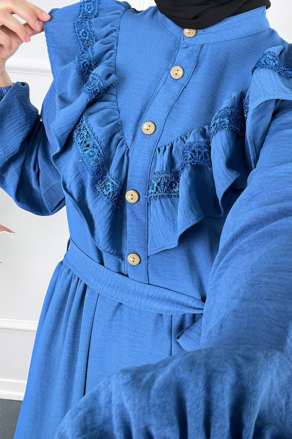 Fırfırlı Dantelli Elbise - Mavi