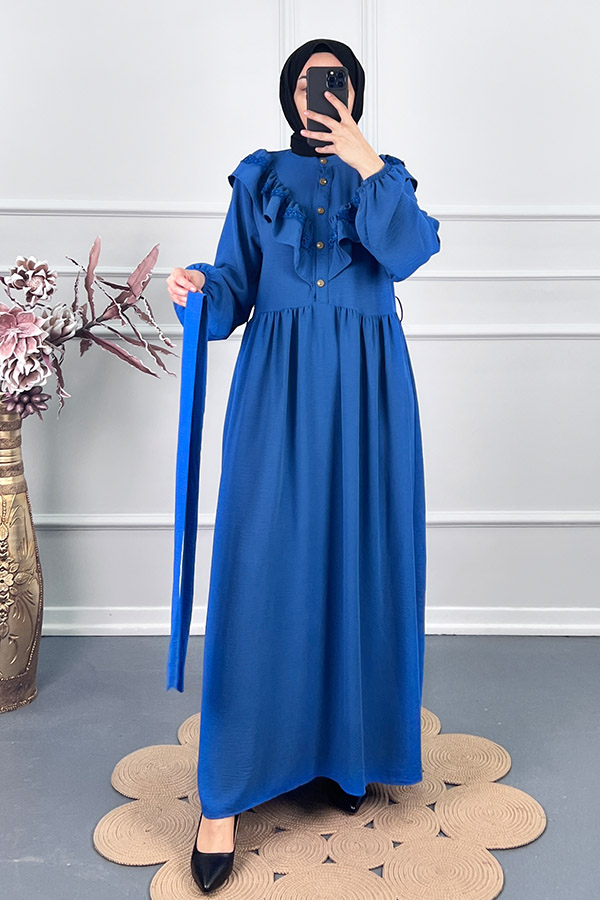 Fırfırlı Dantelli Elbise - Mavi