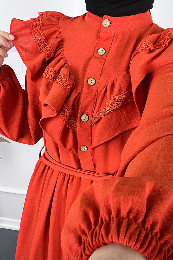 Fırfırlı Dantelli Elbise - Turuncu