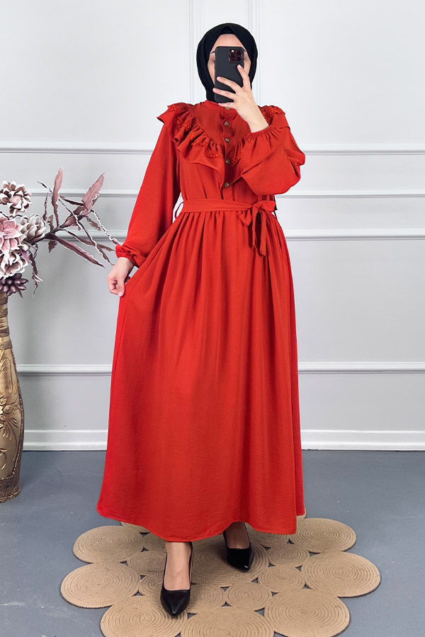 Fırfırlı Dantelli Elbise - Turuncu