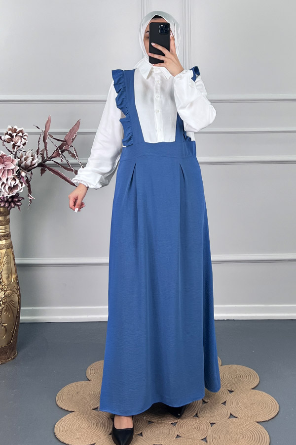 Fırfırlı Jile Elbise - Mavi