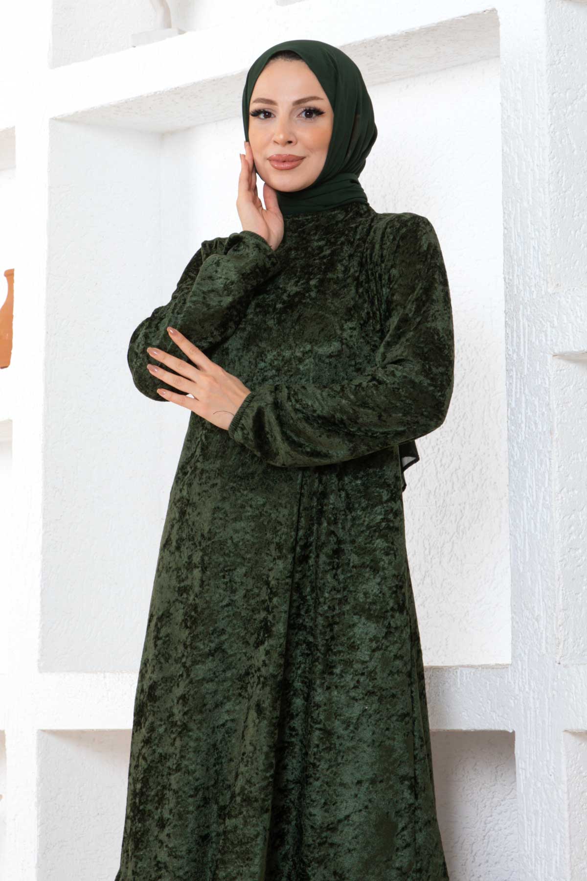 Fırfırlı Kadife Elbise - Yeşil Fırfırlı Kadife Elbise - Yeşil