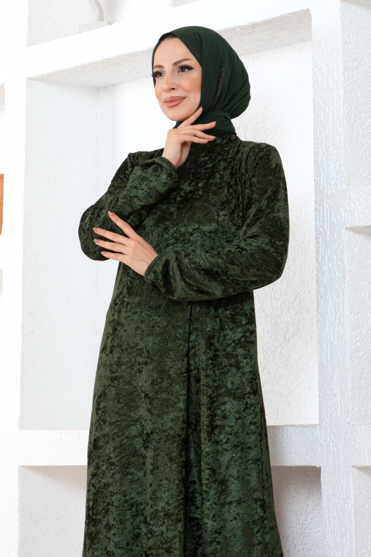 Fırfırlı Kadife Elbise - Yeşil Fırfırlı Kadife Elbise - Yeşil