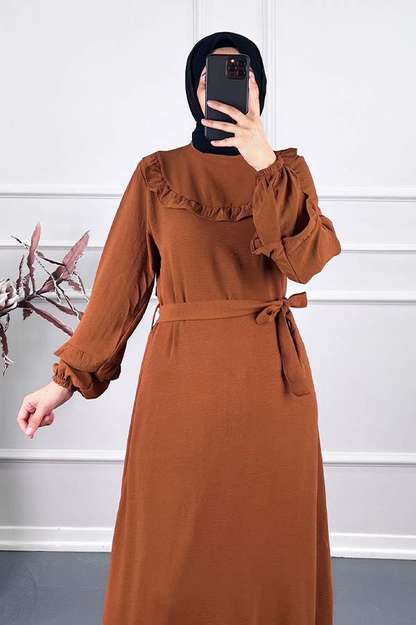 Fırfırlı Kuşaklı Elbise - Camel Fırfırlı Kuşaklı Elbise - Camel