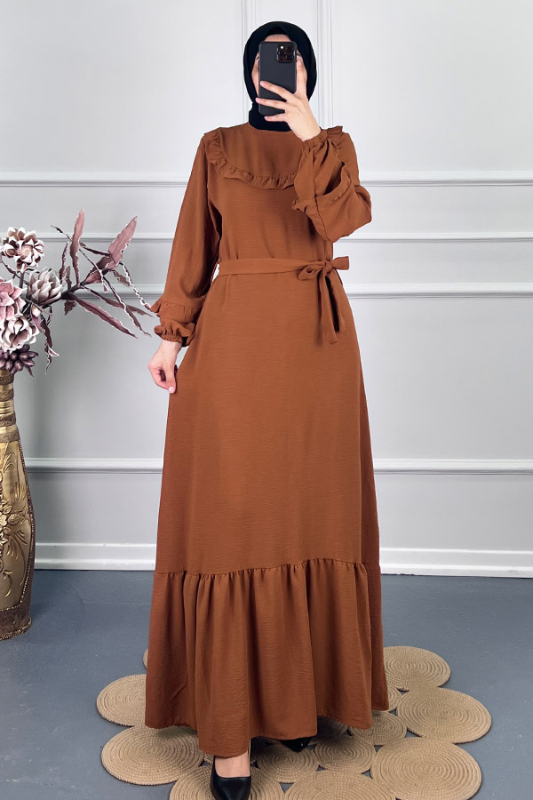 Fırfırlı Kuşaklı Elbise - Camel Fırfırlı Kuşaklı Elbise - Camel