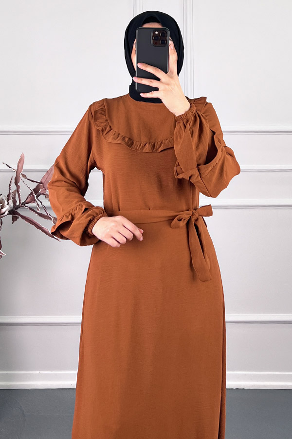 Fırfırlı Kuşaklı Elbise - Camel Fırfırlı Kuşaklı Elbise - Camel