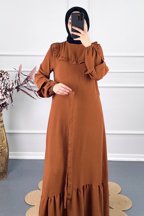 Fırfırlı Kuşaklı Elbise - Camel Fırfırlı Kuşaklı Elbise - Camel