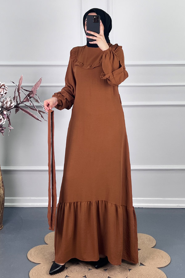 Fırfırlı Kuşaklı Elbise - Camel Fırfırlı Kuşaklı Elbise - Camel
