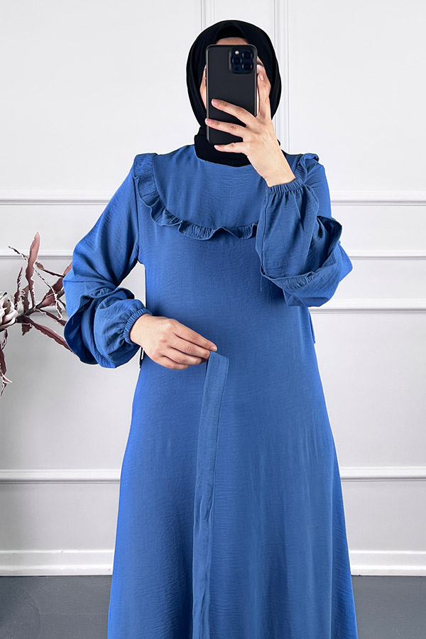 Fırfırlı Kuşaklı Elbise - Mavi