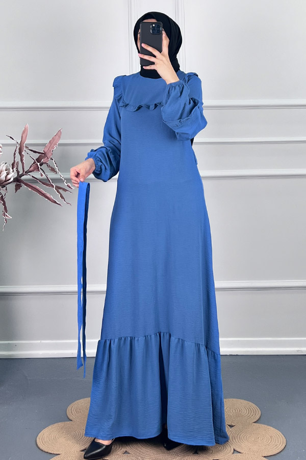 Fırfırlı Kuşaklı Elbise - Mavi